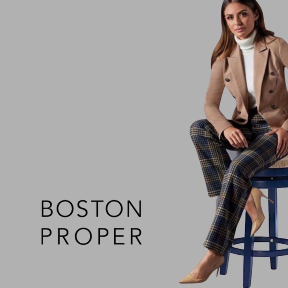 BOSTON PROPER NWOT Navy Multi Plaid Trouser Pants, Size 2